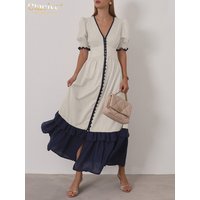 Clacive Summer Loose Apricot Linen Women's Dress 2025 Sexy V-Neck Short Sleeve Ankle Length Dresses Elegant Classic Female Dress