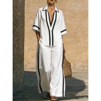 Women's Fashion Loose Casual Color Block Short Sleeve Shirt And Wide Leg Pants Two Piece Set Spring Season V Neck Overhead Wear