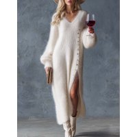 Elegantes langärmliges Plüsch-langes Kleid mit V-Ausschnitt, modisches, mit Knöpfen verziertes, lockeres weißes Kleid, Herbst-Winter-Dame, sexy Split-Partykleid