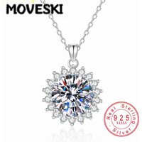 MOVESKI S925 Sterling Silver Round Moissanite Necklace Classic Sunburst Halo Pendant Jewelry For Women Daily Wear