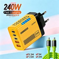240W GaN Charger 5 in 1 Type C Fast Charging Travel Adapter For iPhone Samsung Xiaomi Huawei EU/US/UK Plug Phone Power Charger