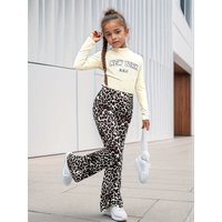 Comfy Kids Girls Two Piece Casual Set, Letter Print Long Sleeve Slim Top & Elastic Waist Leopard Flared Trousers for School & Outing