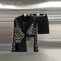 GALCAUR Solid Spliced Pearls Two Piece Set Female Lapel Long Sleeve Top Irregular Elegant Women's Skirt Sets Fashion Autumn New