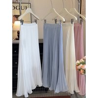 Women's Summer Elegant Pleated Elastic Waist Chiffon Long Skirt Lady High Waist A Line Streetwear Solid Color Skirt