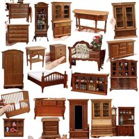 Classic Miniature Bedroom Set, Dollhouse Arched Wardrobe Dressing Table 9-Grid Cabinet Bookshelf, Vintage Furniture Collection