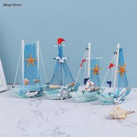 Mini Mediterranean Style Wooden Blue Sailing Boat Home Decoration Ornaments Sailing Boat Ship Wood Crafts