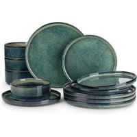 vancasso 12/24/36Piece Dinner set Black Green Reactive Glaze Vertical edge Dinnerware set with 4PCS Dinner Plate/ Dessert/Bowl