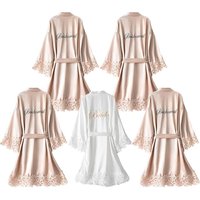 5 Pcs Bridesmaid Kimono Robe Sets Bride Silky Wedding Day Bathrobe with Lace Trim Embroidered Getting Ready
