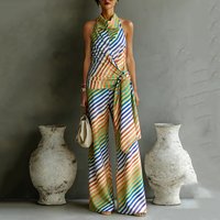 Spring Casual Stripe Printing Vest Pants Suit Women Sleeveless Strap Lace Up Vest+high Waist Wide-leg Pants Autumn Two Piece Set