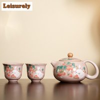 Antique Pink Ru Kiln Teacup Strawberry Rabbit 1 Pot 2 Cups Chinese Tea Making Xishi Kettle Teapot and Tea Cup Set Kung Fu Teaset
