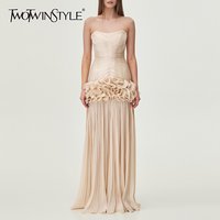 TWOTWINSTYLE Solid Spliced Fungus Slimming Dresses for Women Strapless Sleeveless Patchwork Folds Midi Dress Female Clothing New
