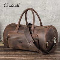 CONTACT'S Genuine Leather Tote Luggage Bags for Men Crazy Horse Leather Male Travel Bag Shoulder Bag Crossbody Bag Men's Bags