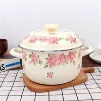 Thickened 16-24cm Elegant Pink Rose Enamel Double Eared Saucepan with Lid Frying Stewing Cooking and Fondue Hot Pot for Noodle