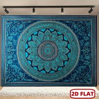 A 2D flat mandala background wall decoration - blue-green and golden circular floral pattern, elegant yoga decoration