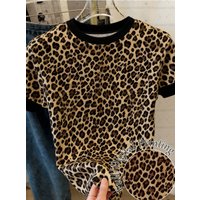 2026 Summer Womens Short Sleeve American Classic Leopard T-Shirt Girl Round Neck Tee Outdoor Sports Plus-Size Women's Clothing