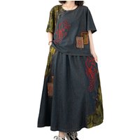AmaxluluE Chinese Women Summer Printed Denim Suits Fashion Embroidery 2 Pieces Sets Loose Tops Tees Casual Skirts Vintage Outfit