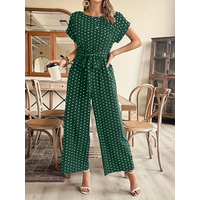 Retro Polka Dot Style Navy Blue Short-Sleeved Wide-Leg Jumpsuit for Women, Summer Waist-Cinching Slimming Jumpsuit, Versatile Long Pants for Vacation, Casual Wear, and Commuting