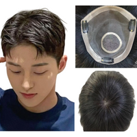 6 Inch 100% Human Hair Men Toupee Mono Top PU Sides Lace Mesh With Clips Hand Tied Base Natural Black Men Wig System