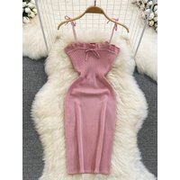2024 Ribbed Lace Up Dress Elegant Solid Slim Ruffle Trim Dress Women's Clothing Bodycon Short Mini Dress