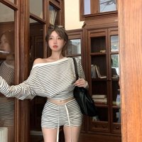 INS fashion sweet stripes oblique shoulder long sleeve waist T-shirt women spring summer high waist short pants two-piece set