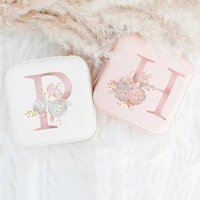 Personalized Floral Initial Jewelry Box, Mini Portable Travel Organizer, Zipper Storage Case for Rings Earrings Necklaces