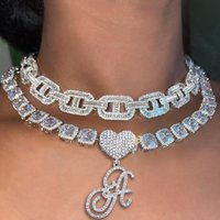 Hip Hop Bling Crystal Cursive Letter Initial Pendant Necklace Women Iced Out Cuban Choker Square Tennis Chain Necklace Jewelry