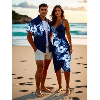 Plus Size Hibiscus Tropical Leaf Print Beach Outfit for Couples Matching Hawaii Style Clothing Set
