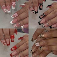 96PCS Medium Coffin Fake Nails With 3d Bow Pendant Design, Heart-Shaped Acrylic Nails, Rhinestones, Fully Covered Women'S Nail