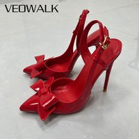 Veowalk Red Patent Slingback High Heels for Women Elegant Pointed Toe Stiletto Heels with Big Bow Decor Party Wedding Pumps