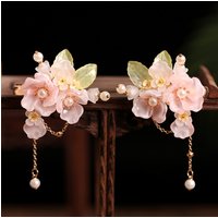 Feenhafte rosa Blumen-Haarnadeln, seitliche Clips, florale Fransen, Schmuck für Frauen, Perlen, Kette, Anhänger, Haarspangen, Mädchen-Haar-Accessoires