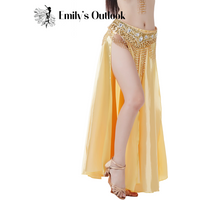 Women Long Satin Panel Skirt 2 Side Slit Belly Dance Tribal Swing Gypsy Costume Sexy Double Forktailed Church Praise(No Belt)