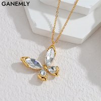 GANEMLY Classic Butterfly Inlaid Zircon Pendant Necklace For Women 18K Gold PVD Plated Stainless Steel Neck Chain Party Jewelry