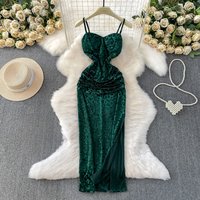 Sexy Emerald Green Velvet Leopard Dress Women Spaghetti Strap High Split Bodycon Midi Dress Evening Party Clubwear Vestidos New