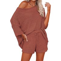 Women's Rust Red Off-Shoulder Waffle Knit Two-Piece Set Oversize Top with Drawstring Shorts Comfortable Loungewear