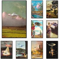 Vintage Wall Decor UFO Canvas Posters And Prints Flying Saucer Art Painting Alien Retro Mural Pictures For Living Room Cuadro