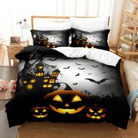 Halloween Bedding Set King/Queen Size Cartoon Pumpkin Lantern Castle and Bat Duvet Cover Dark Horror Night Polyester Quilt Cover