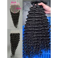 Deep Wave Human Hair Bundles And Weaves 22 24 26 Inch Burmese Curly Hair Bundles With Closure Human Hair 100% Raw Hair Bundles Deals And 4x4 Lace Closure Transparent HD Swiss Lace Preplucked With Baby