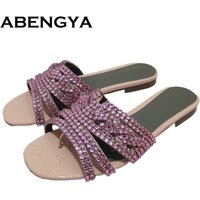 Shining Rhinestone Flat Slippers Women Square Open Toe Flip Flops Crystal Mules Ladies Summer Casual Beach Slides Shoes Female