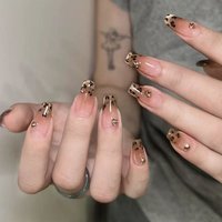 Long Coffin Press on Nails Nude Cat Eye Leopard Print French Fake Nails Rhinestone Detachable Ins Manicure for Women Party Daily