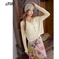 ELFSACK Women's V Neck Cardigan with Embroidery Detail, Long Sleeve Cropped Knit Top, Cozy Casual Outerwear