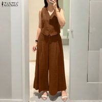 ZANZEA Women Pant Sets Summer Sleeveless V Neck Tops Wide Leg Pants Elegant OL Work Party 2PCS Matching Sets Two-piece Outfits