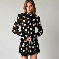 LIMO Women's Polka Dot Sheer Mesh Long Sleeve Shirt and Shorts Set, Lace Trim Elegant Casual Two-Piece Outfit