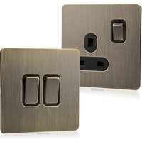 Retro Metal Brushed Antique Stainless Steel Push Button Switch Panel UK 13A Socket with USB Phone Charging for Home Improvement