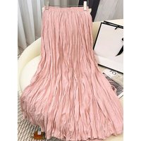 Spring Summer Elastic Waist Skirts Women Wrinkled Soft Solid A Line Long Skirt With Linning