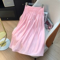 Pink A-Line High Waist Elastic Waist Half Skirt Women's New Design Slimming Midi Pleated Skirt Comfortable Breathable Cotton