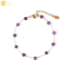 CSJA Natural Stone Crystal Beaded Bracelet Gold Color Stainless Steel Bracelet for Women Thin Link Chain Luxe Femme Jewelry G908