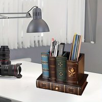Vintage Wood Book Shape Desktop Pen Holder Multifunctional Retro Desk Organizer Decorative Stationery Storage Box for Office