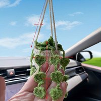 NEW Cute Potted Plants Crochet Car Basket,Hanging Plant Crochet for Car Decor,Car Ornament Rear View Mirror Hanging Accessories
