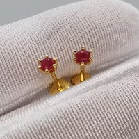 Cute Small Ruby Stud Earrings 3mm 100% Natural Ruby Earrings for Daily Wear18K Yellow Gold Plating 925 Silver Jewelry