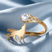 Dawapara Howling Wolf Zircon Adjustable Ring Animal Totem Celtics Knot Good Luck Symbol Stainless Steel Jewelry